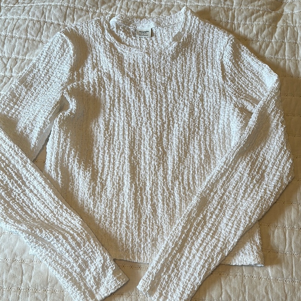 White Textured Long Sleeve Top